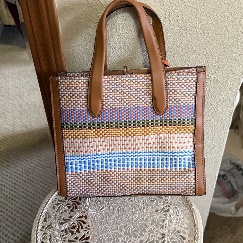 kate spade Multicolor Woven Stripe Tote with Brown Trim and Orange Tag - Picture 2 of 9